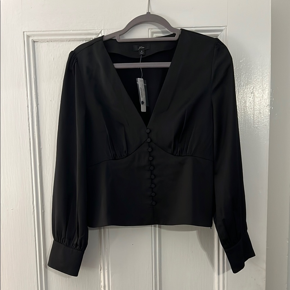 J. Crew Women's Black Button-Down Hook Buttons V Neck Top with Ruffled Shoulders